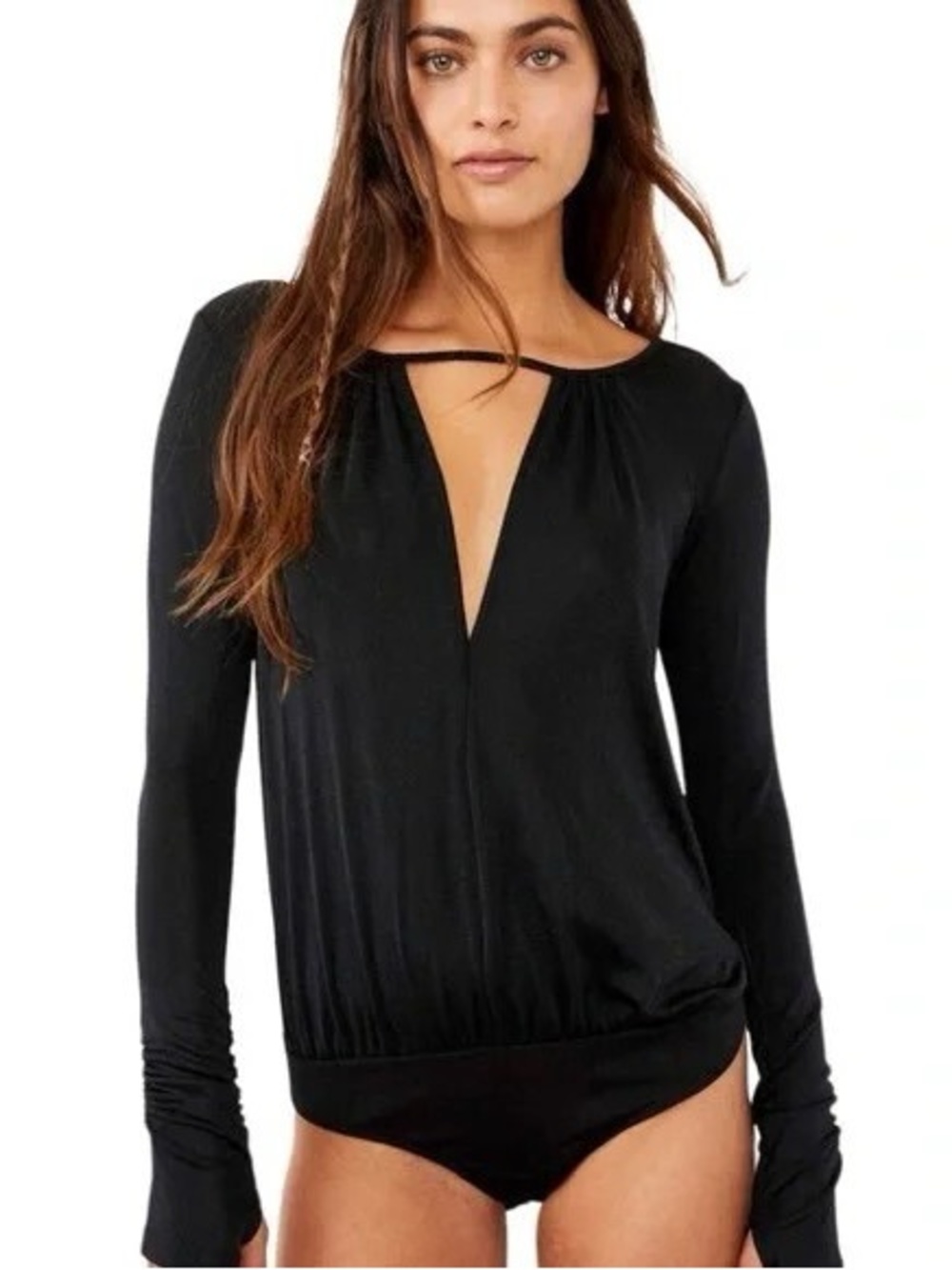 Intimately Free People Kaya Keyhole Plunge Long Sleeve Bodysuit Black M